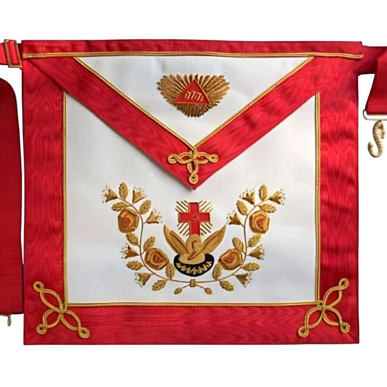 18th Degree Scottish Rite Apron - White & Red Moire Gold Hand Embroidery