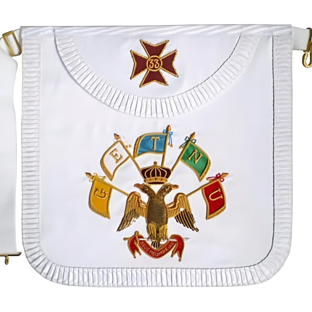 33rd Degree Scottish Rite Apron - All White Satin with Pleated Edges